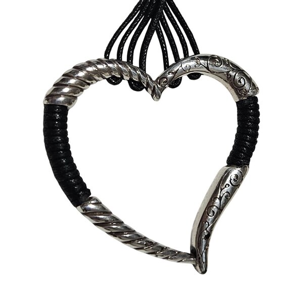 Heart-Shaped Silver Tone Pendant Necklace Black Multi Strand Cord Jewelry Women - Picture 5 of 7